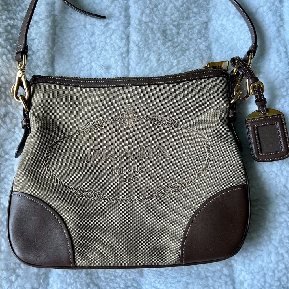Prada Cream and Brown Shoulder Bag with Hobo Silhouette